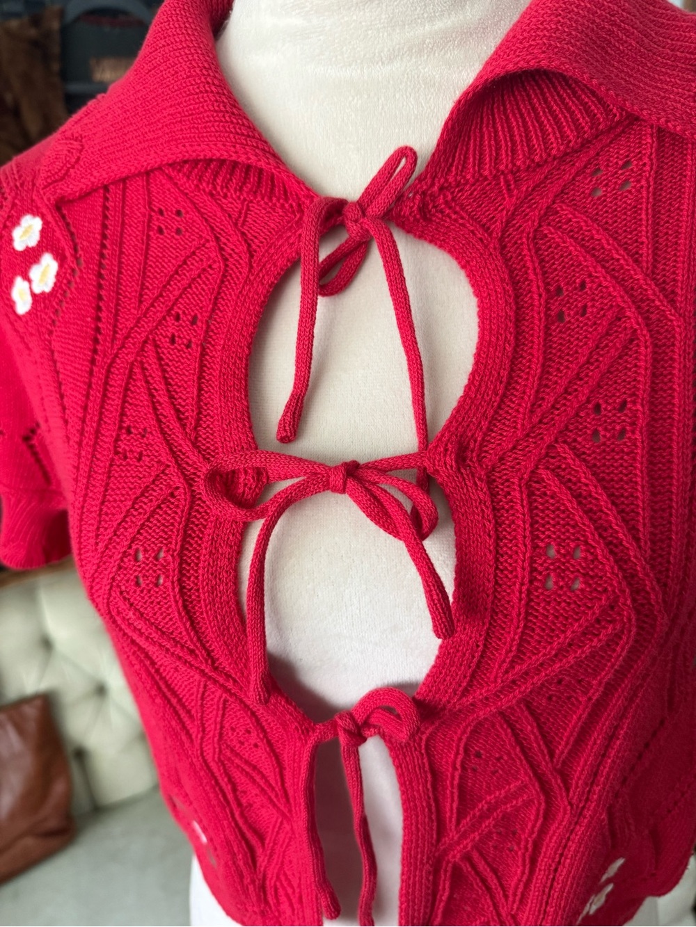 ❤️ Hazel Moon Floral Tie Front Cardigan Sweater Cottagecore Coquette Red XS - Picture 5 of 12